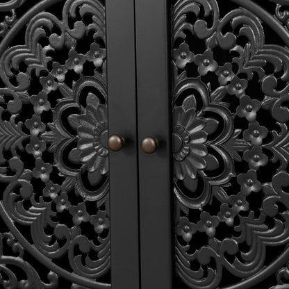 Antique buffet cabinet with floral carvings and two-panel doors in black finish on Tampa Home & Garden Store