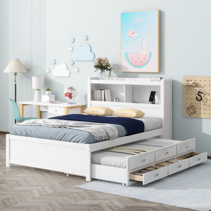 Full-size platform bed in white with trundle and drawers for storage in a bright kids room on Tampa Home & Garden Store