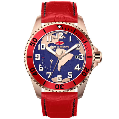 Seapro Men's Voyager watch with blue globe dial, red bezel and red leather strap on Tampa Home & Garden Store