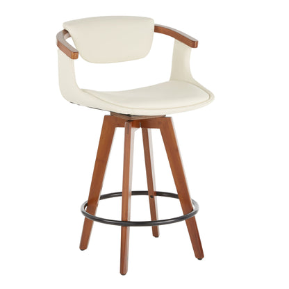 Mid Century Modern Counter Stool with Swivel Seat in cream upholstery wood legs metal footrest on Tampa Home & Garden Store