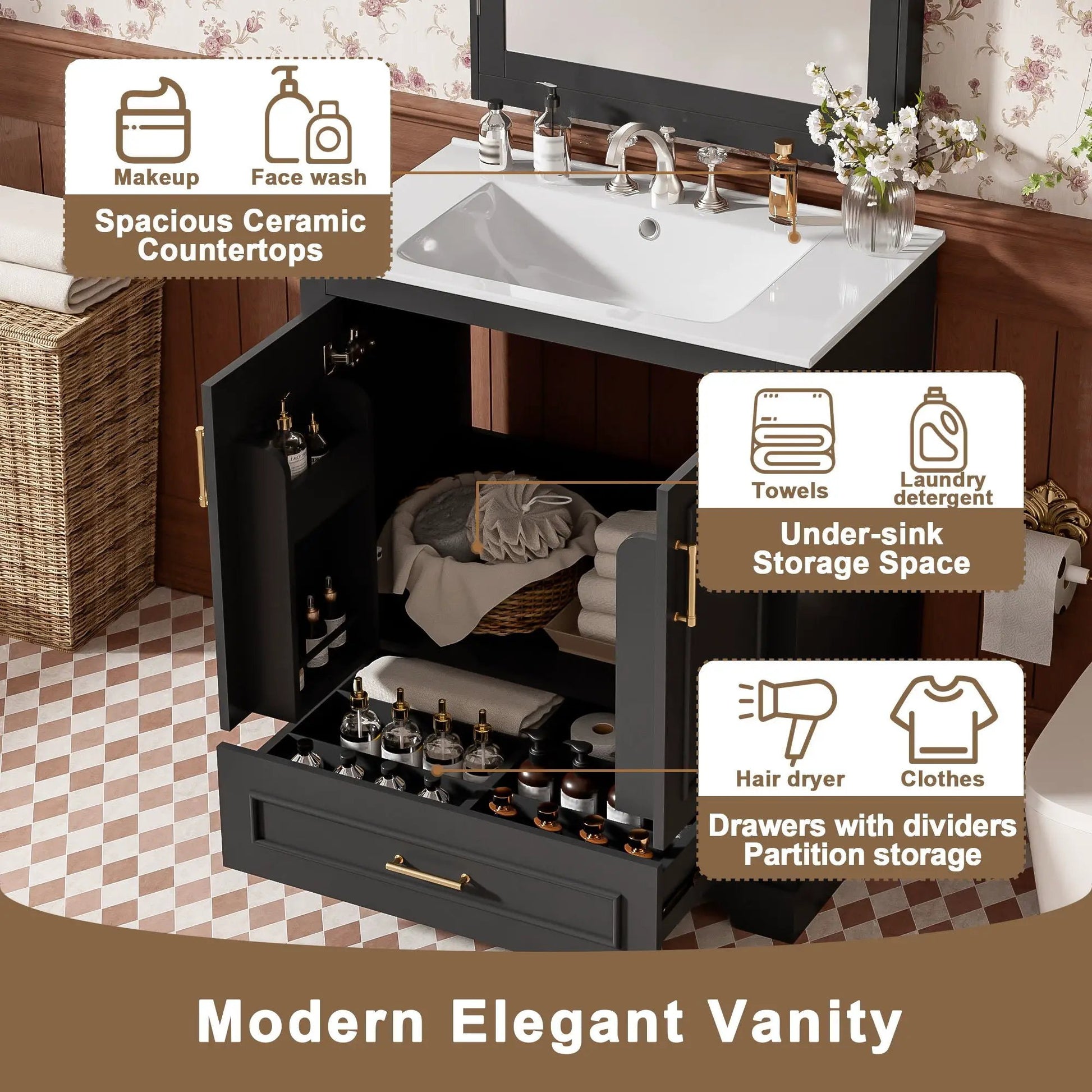 Bathroom vanity with sink in dark gray cabinet and white countertop, 1 drawer and 2 doors on Tampa Home & Garden Store
