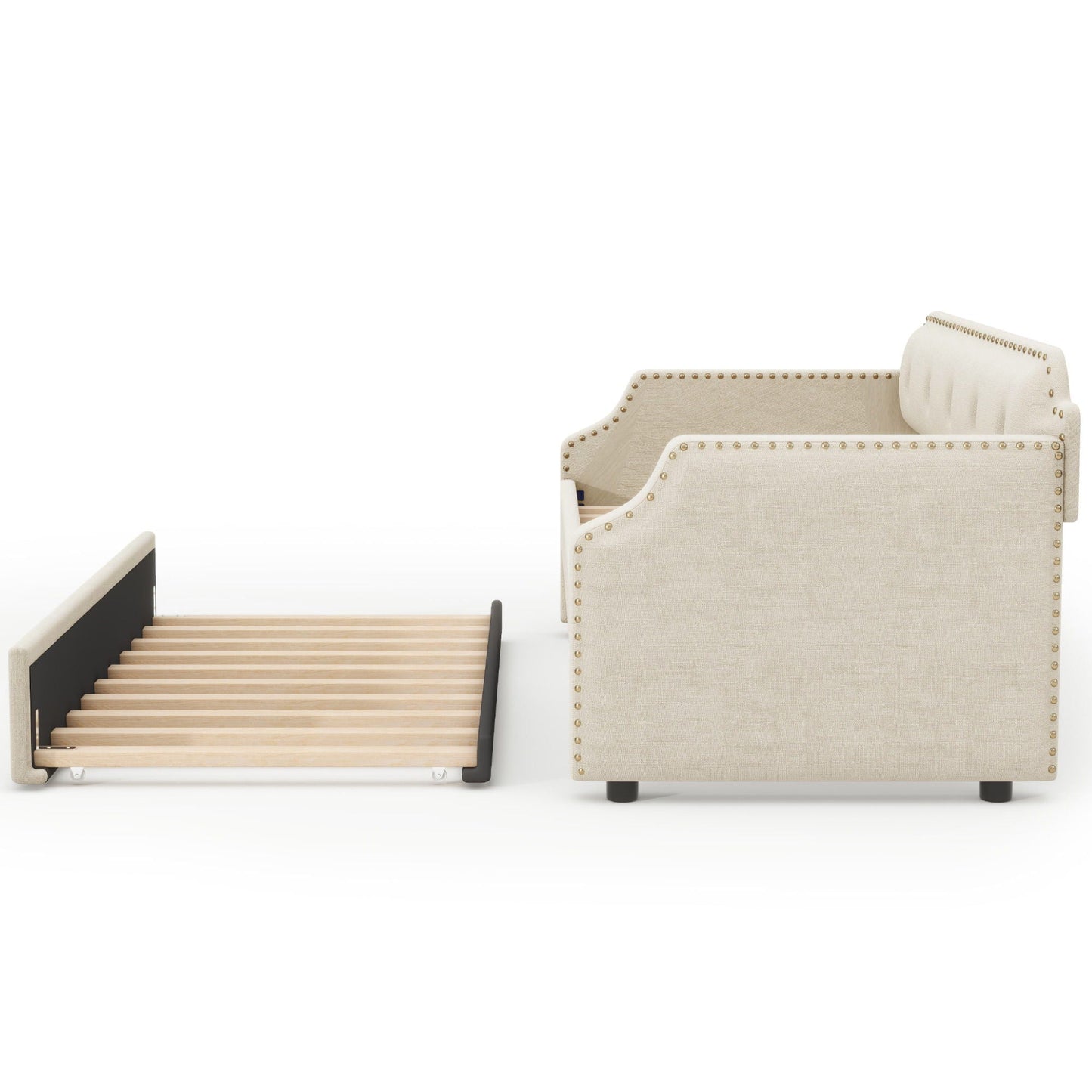 Upholstered Daybed With Trundle, beige fabric, nailhead trim, trundle pulled out on Tampa Home & Garden Store