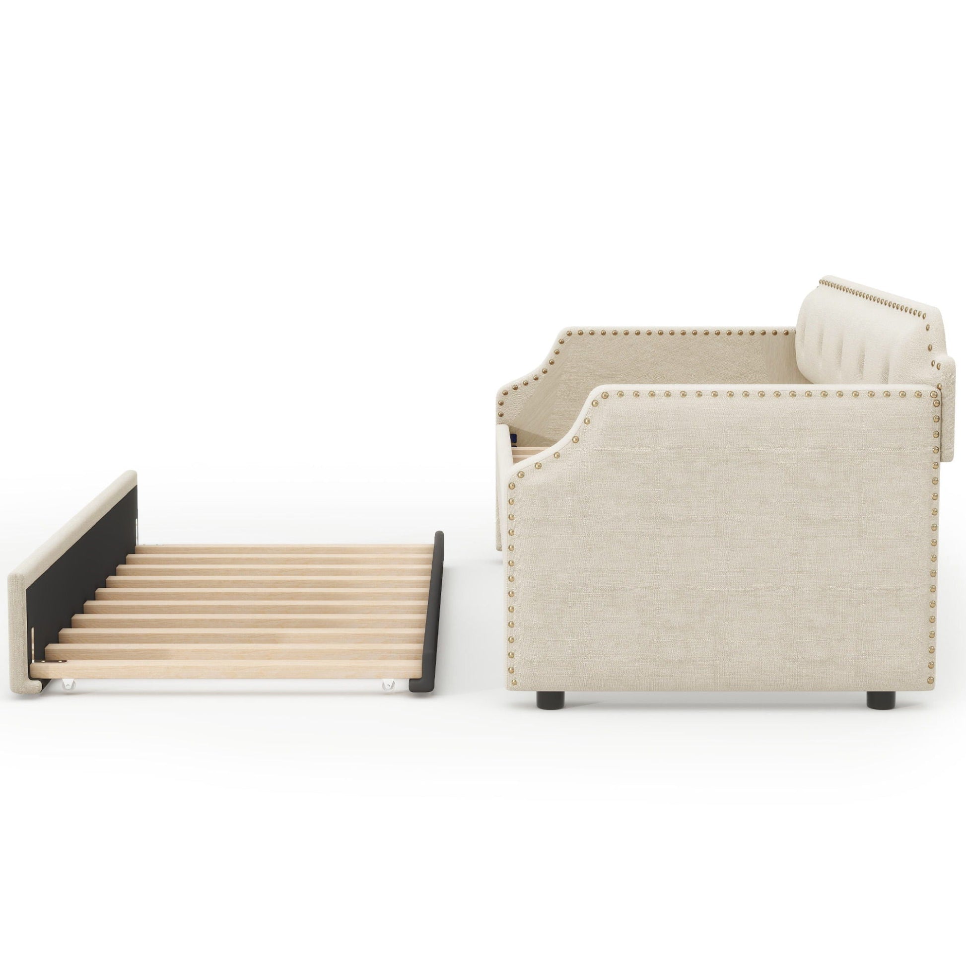 Upholstered Daybed With Trundle, beige fabric, nailhead trim, trundle pulled out on Tampa Home & Garden Store