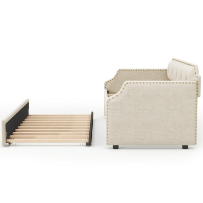 Upholstered Daybed With Trundle, beige fabric, nailhead trim, trundle pulled out on Tampa Home & Garden Store