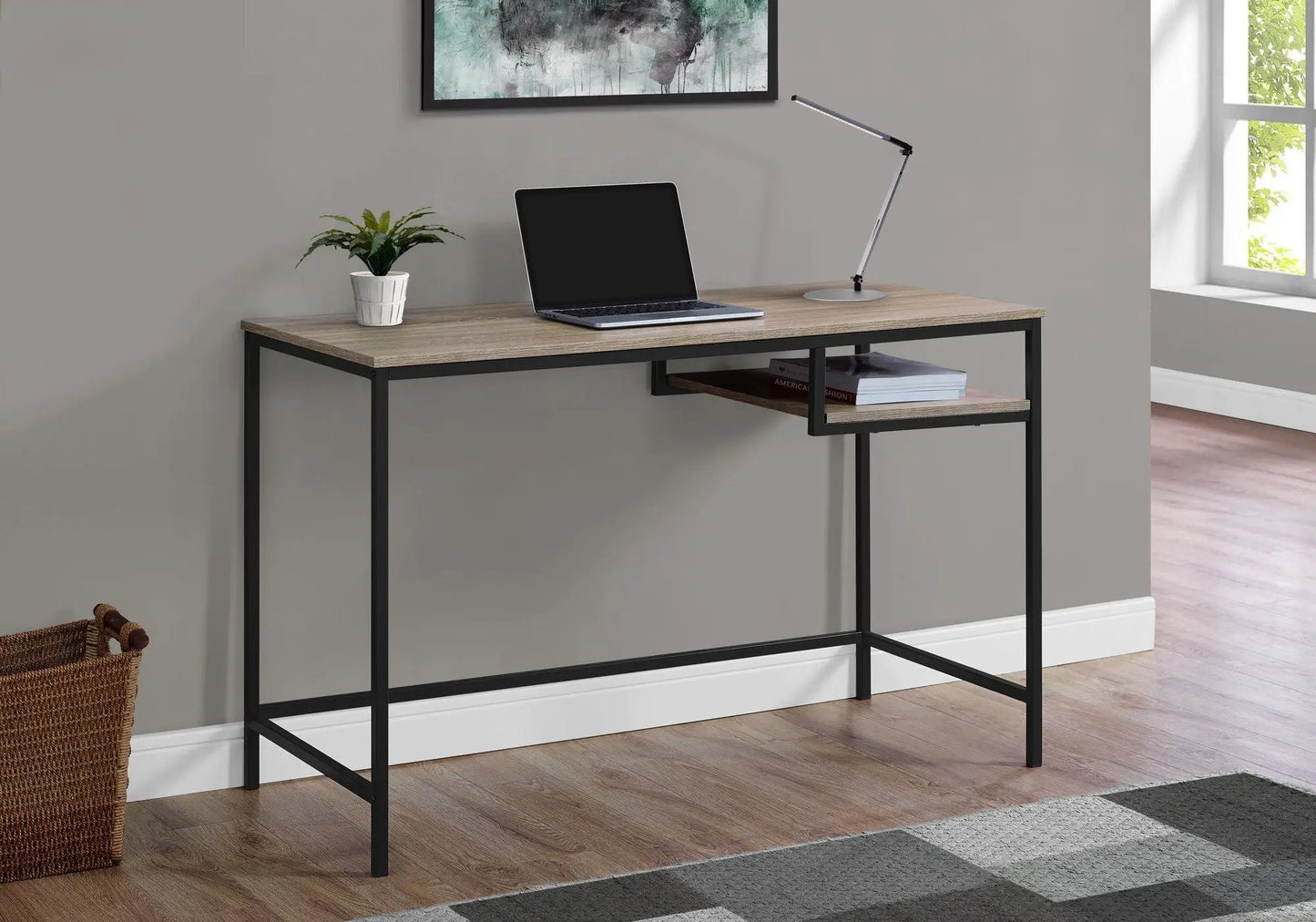 Compact modern computer desk with wood top and black frame; features 1 laptop and 1 lamp on Tampa Home & Garden Store