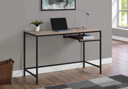 Compact modern computer desk with wood top and black frame; features 1 laptop and 1 lamp on Tampa Home & Garden Store