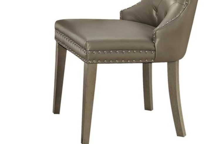 Kacela champagne synthetic leather side chair set of 2 with nailhead trim and wood legs on Tampa Home & Garden Store