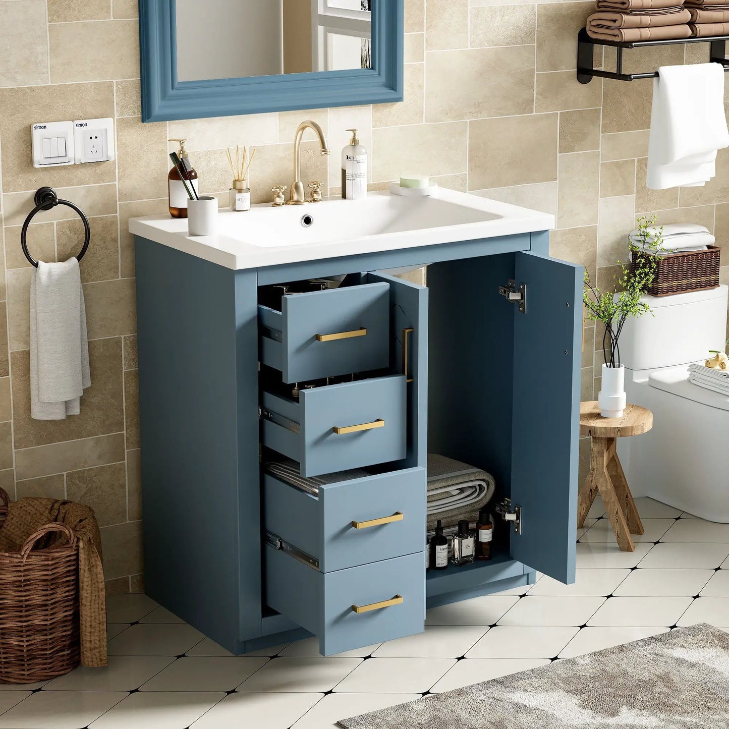 Ceramic Sink Combo vanity by Unique Piece Furniture in blue with 3 drawers and soft-close doors on Tampa Home & Garden Store