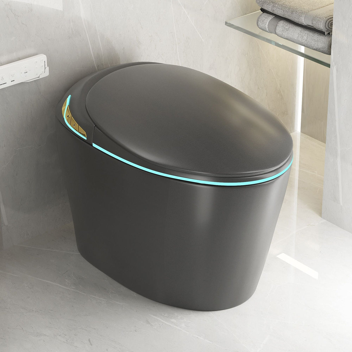 Matte black smart toilet with ceramic bidet, left white control panel and cyan LED trim on Tampa Home & Garden Store
