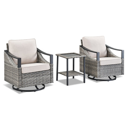 3-Piece Outdoor Conversation Set with two beige cushioned wicker swivel chairs and glass table on Tampa Home & Garden Store