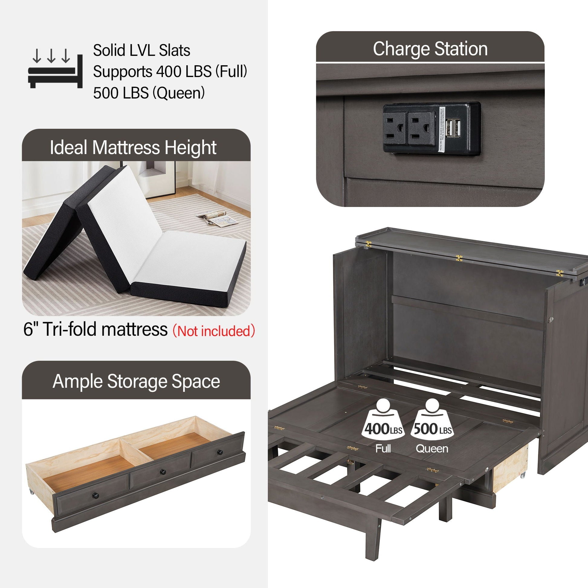 Solid Pine Murphy Bed Chest Cube Cabinet Bed with Charging Station and Large Storage Drawer on Tampa Home & Garden Store
