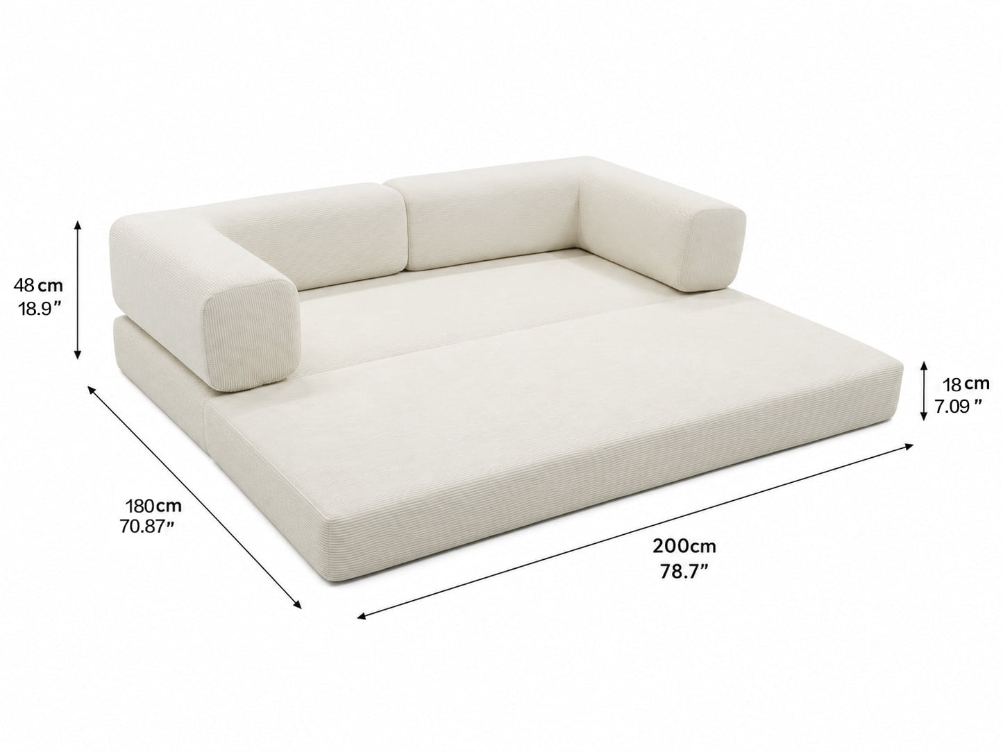 Double Sofa Bed HouseOfZazla cream fabric with wide bolster armrests, 200 cm long on Tampa Home & Garden Store