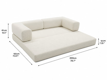 Double Sofa Bed HouseOfZazla cream fabric with wide bolster armrests, 200 cm long on Tampa Home & Garden Store