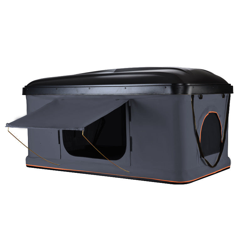 Sell My Stuff hard shell rooftop tent in gray fabric with black shell and extended side awning on Tampa Home & Garden Store