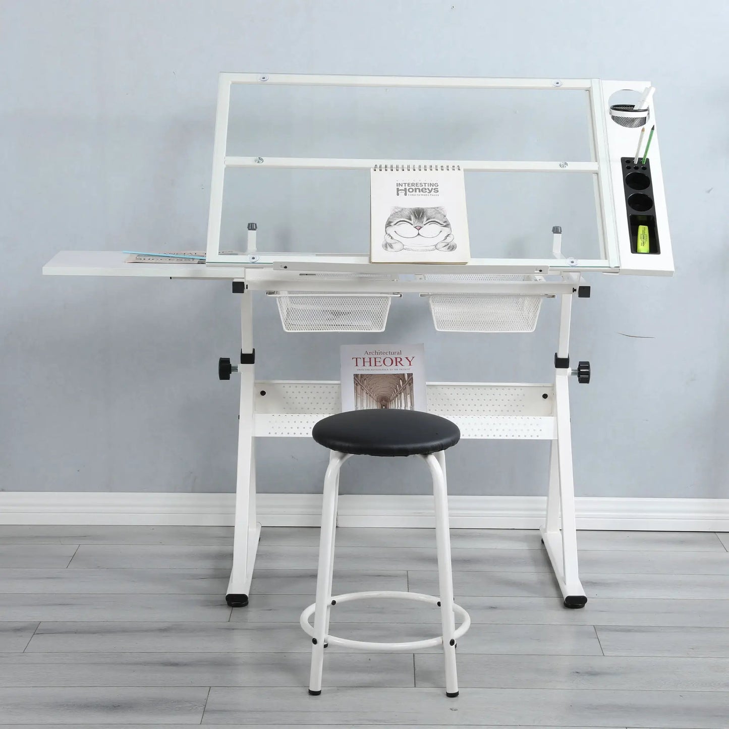 Adjustable Glass Drafting Table with Chair