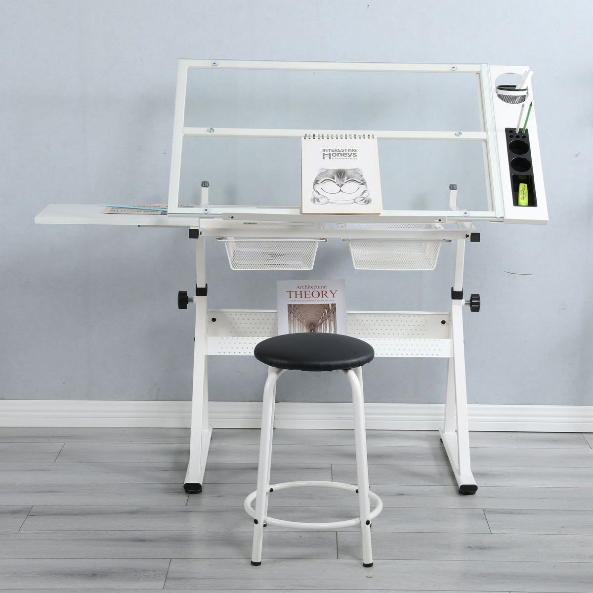 Adjustable tempered glass drafting table with chair in white by HouseOfZazla 2pc set on Tampa Home & Garden Store