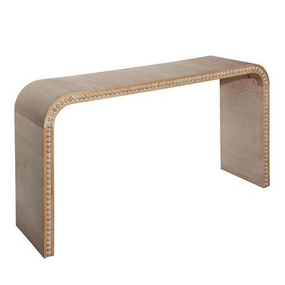 Waterfall console table in light brown wood with seamless curved edges and beaded trim on Tampa Home & Garden Store