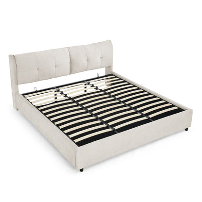 Storage bed in beige upholstery with integrated headboard and hydraulic lift by HouseOfZazla on Tampa Home & Garden Store
