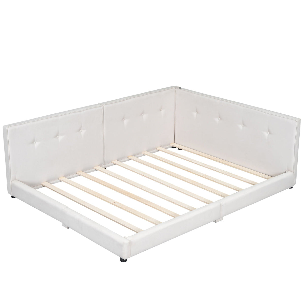 Modern upholstered platform bed in white with tufted panels and visible wooden slats on Tampa Home & Garden Store