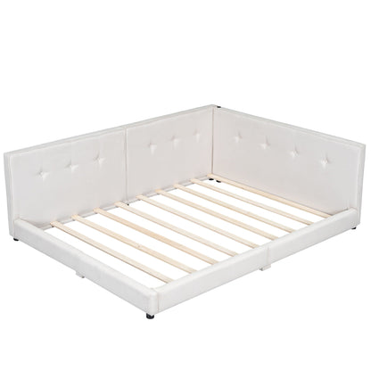 Modern upholstered platform bed in white with tufted panels and visible wooden slats on Tampa Home & Garden Store
