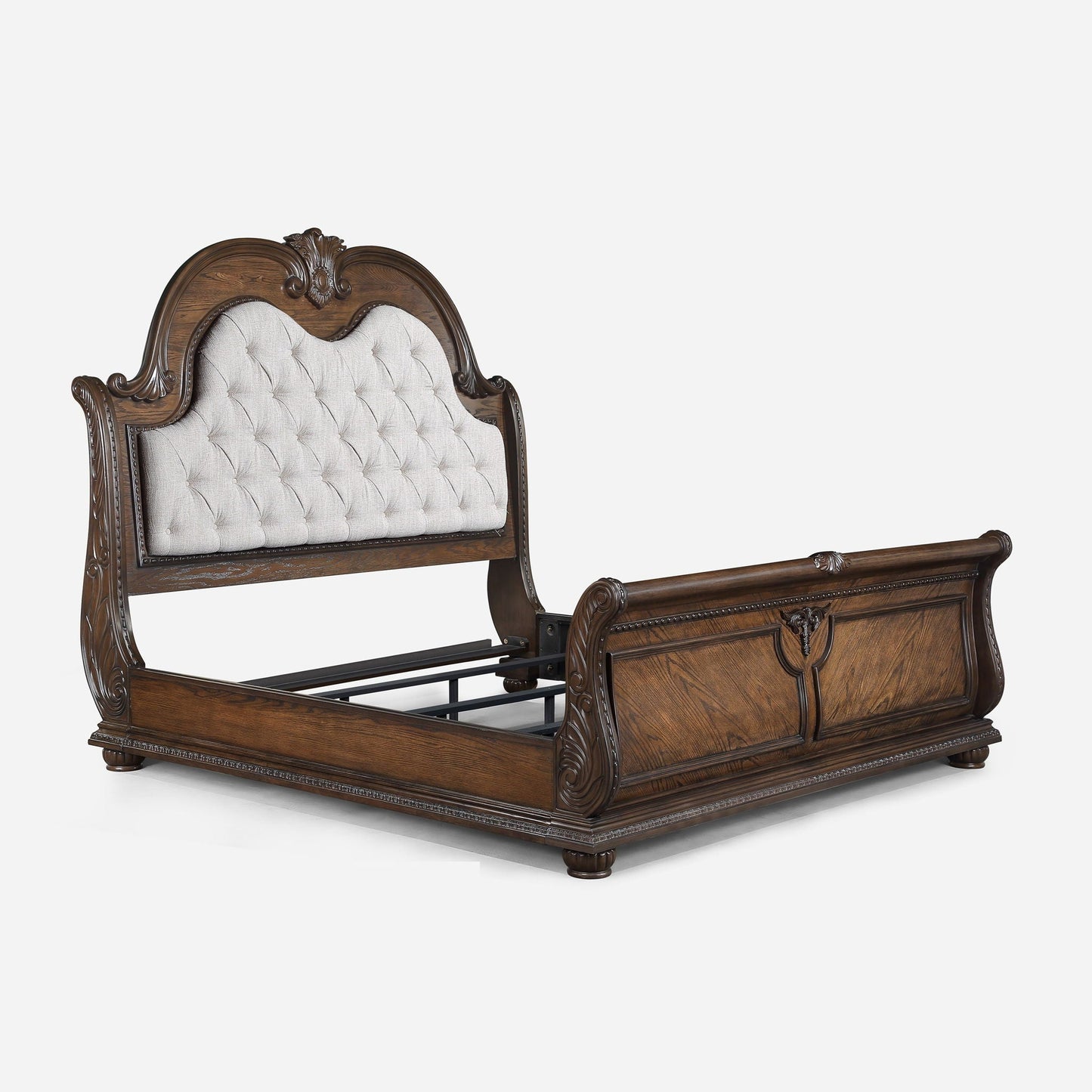 Sleigh bed with button tufted beige headboard and dark wood frame by HouseOfZazla on Tampa Home & Garden Store