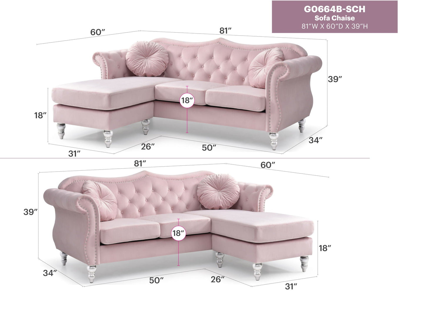Hollywood Glam Sofa Chaise and Tufted Nailhead