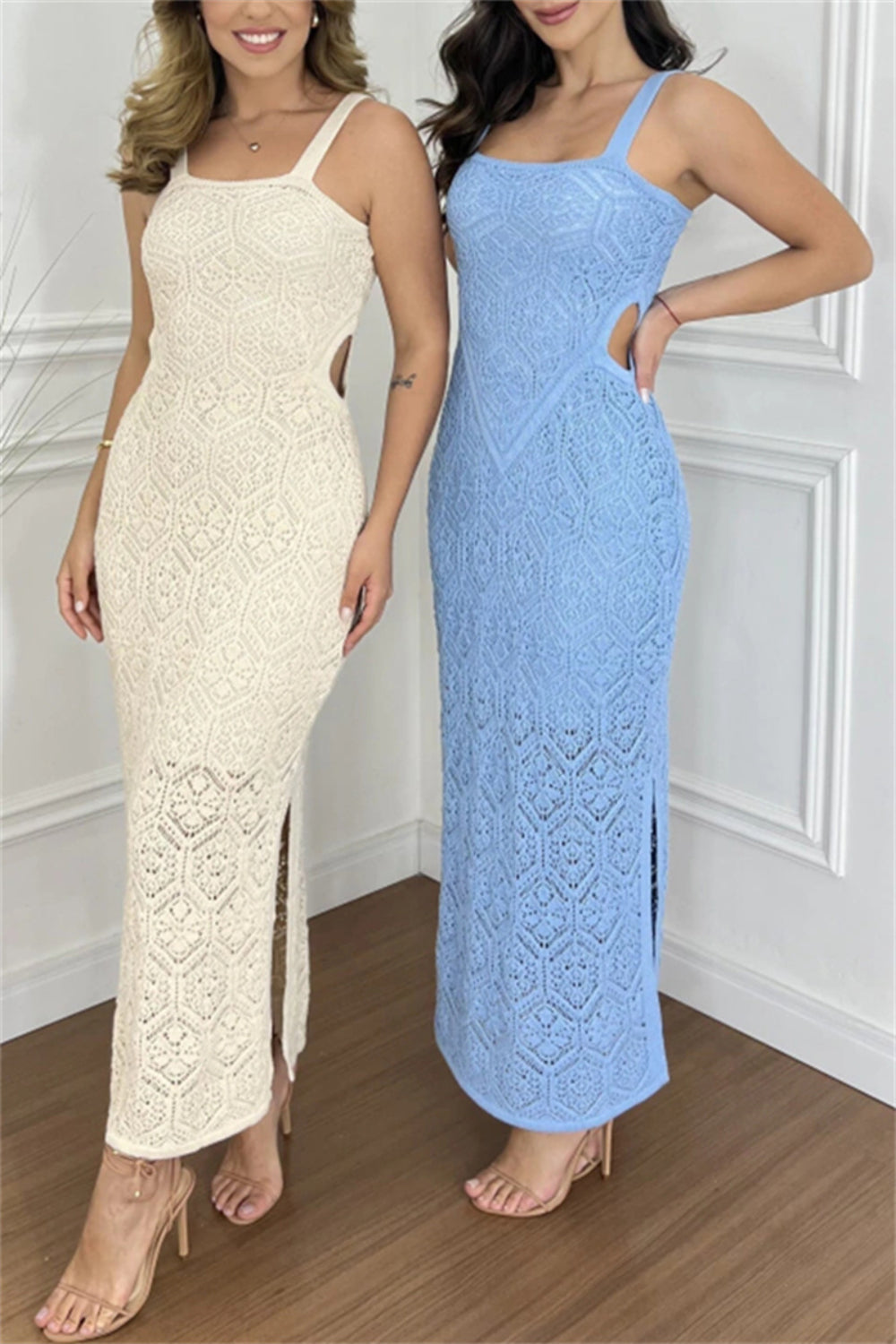 Stevvex lace cutout side maxi dresses pair in sky blue and ivory floor-length on Tampa Home & Garden Store