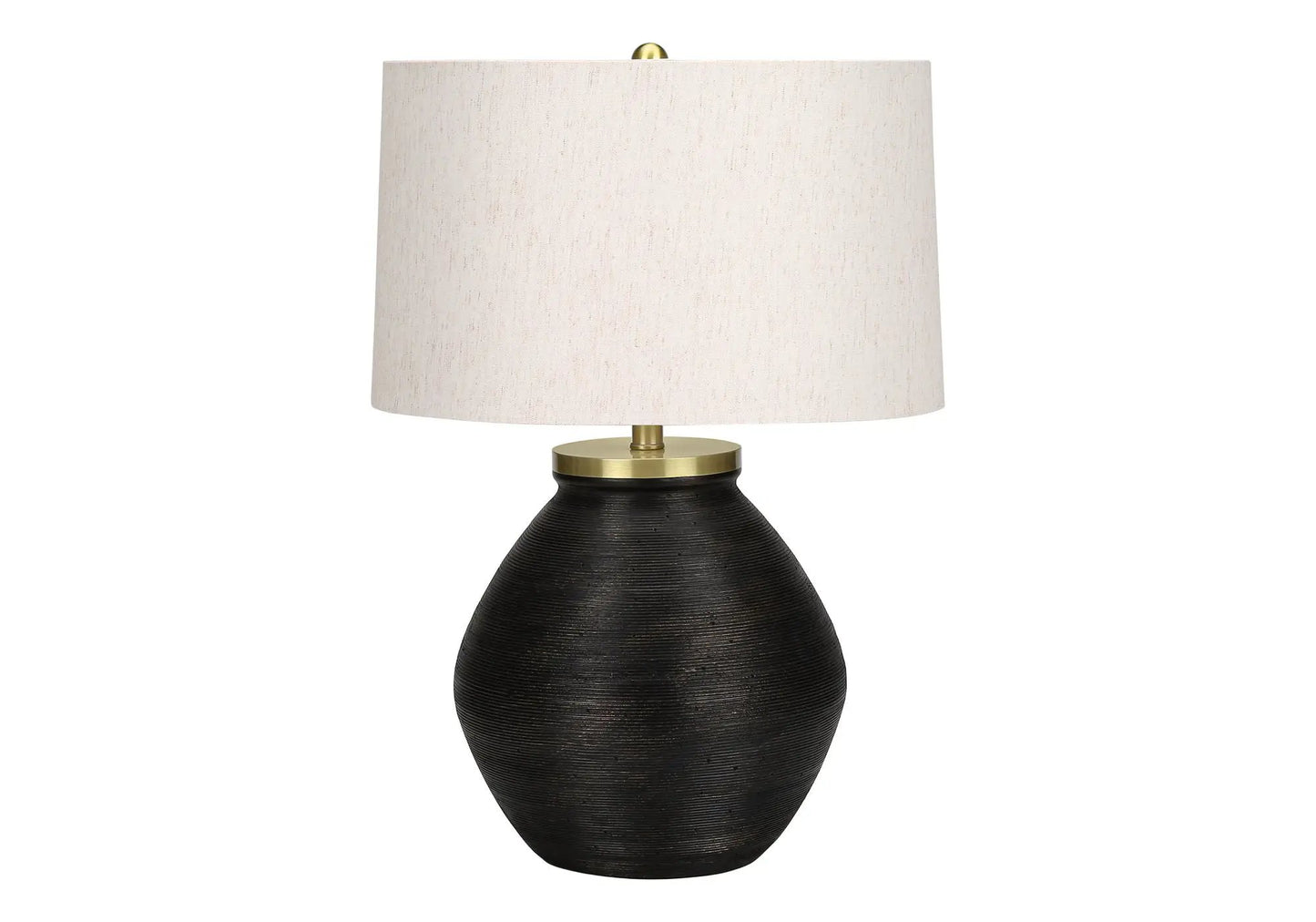 Table lamp with cream fabric shade and black ribbed ceramic base, brass hardware on Tampa Home & Garden Store
