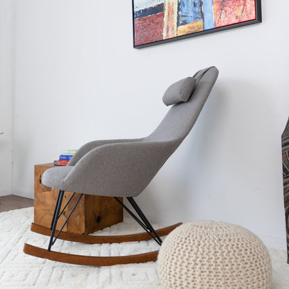 Chloe mid-century modern rocker chair in gray fabric with black metal legs and rockers on Tampa Home & Garden Store