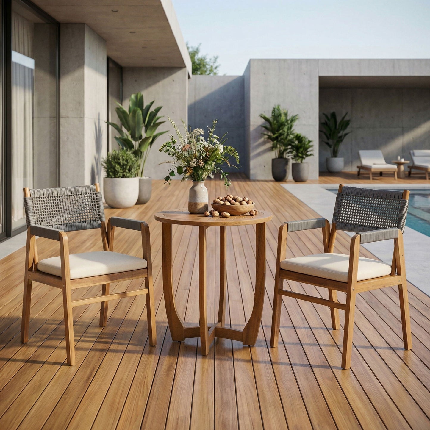 Outdoor 3 Piece Teak Dining Set with Gray Cushion