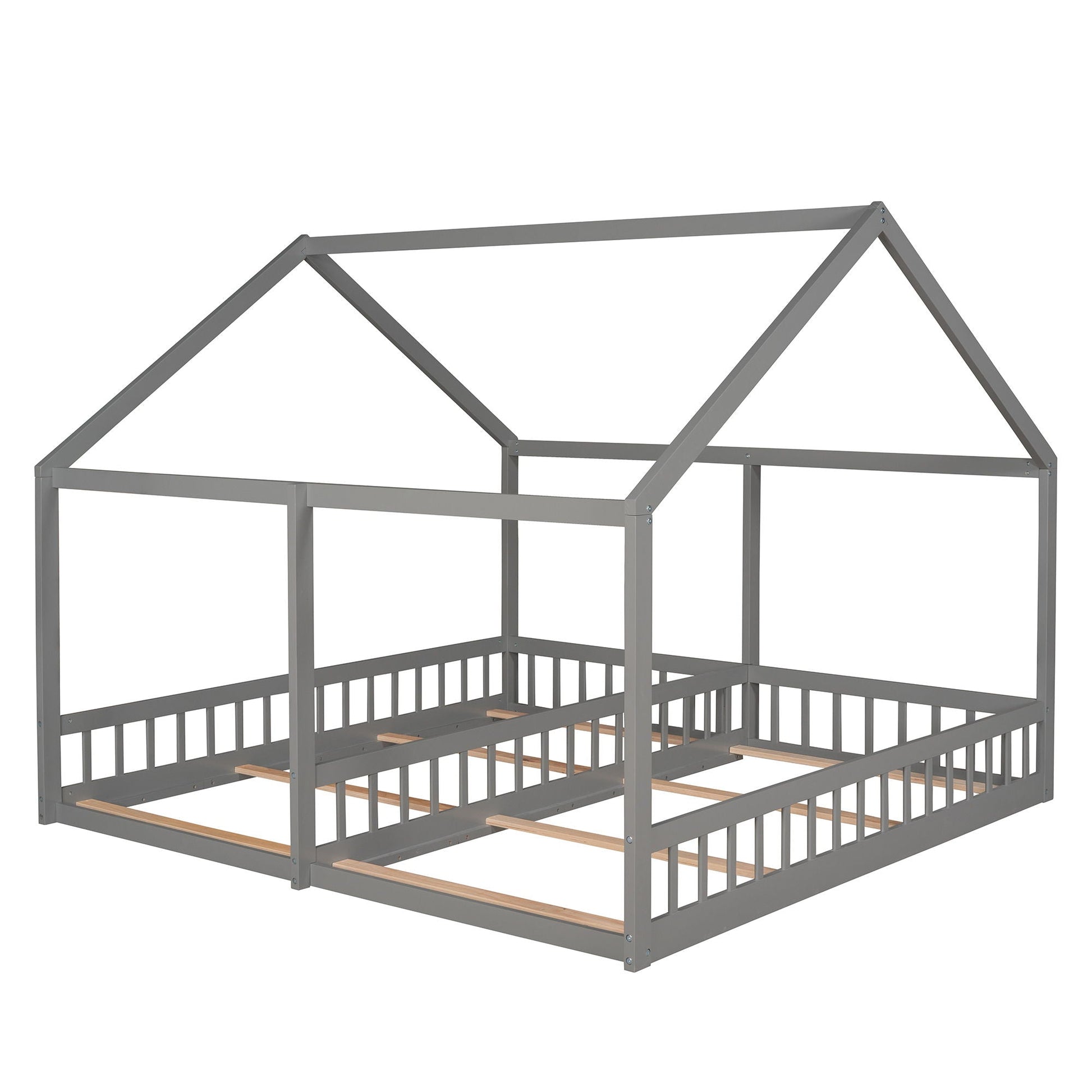HouseOfZazla two shared beds metal platform frame with guardrails gray finish on Tampa Home & Garden Store