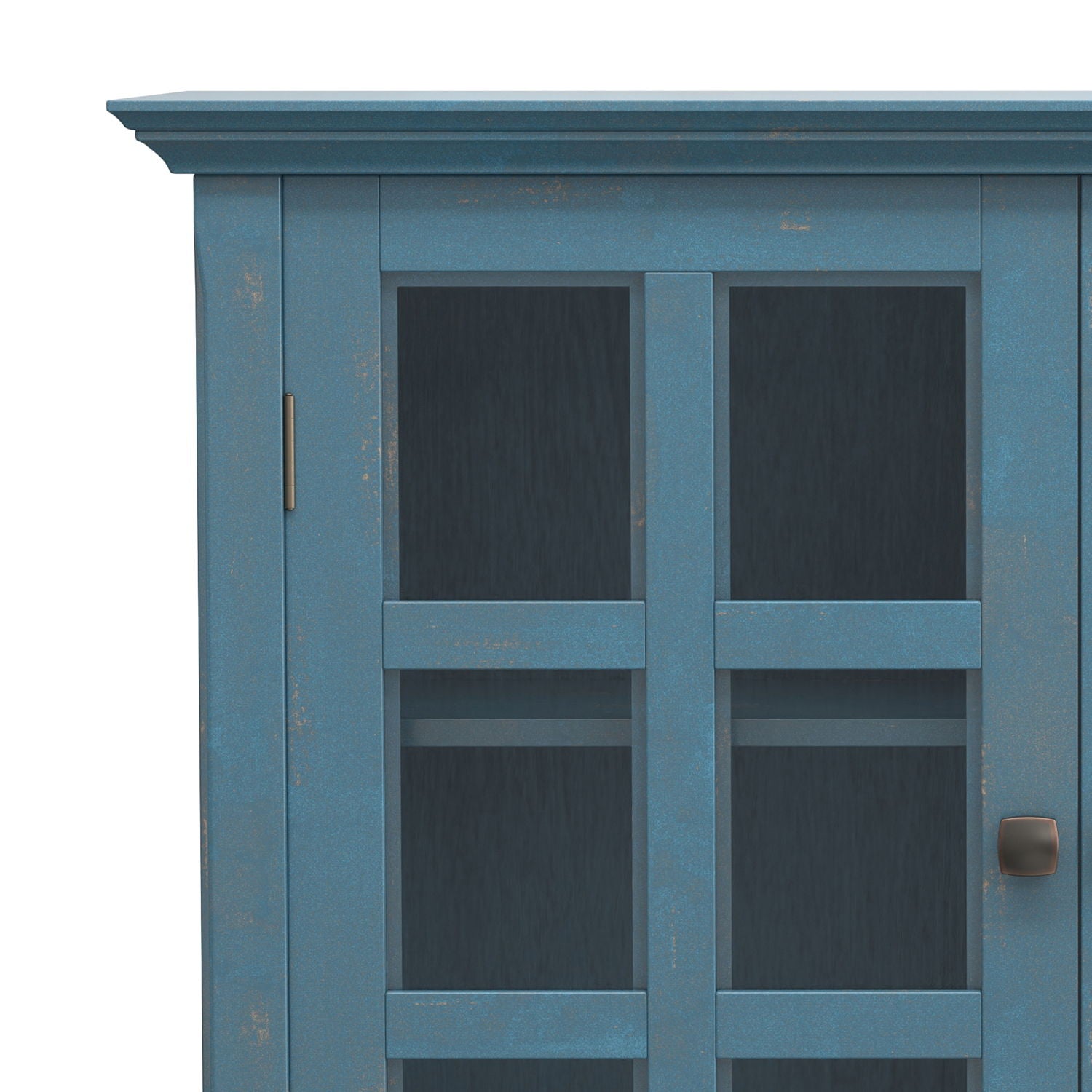 Acadian medium storage cabinet handcrafted in blue distressed finish with glass doors on Tampa Home & Garden Store