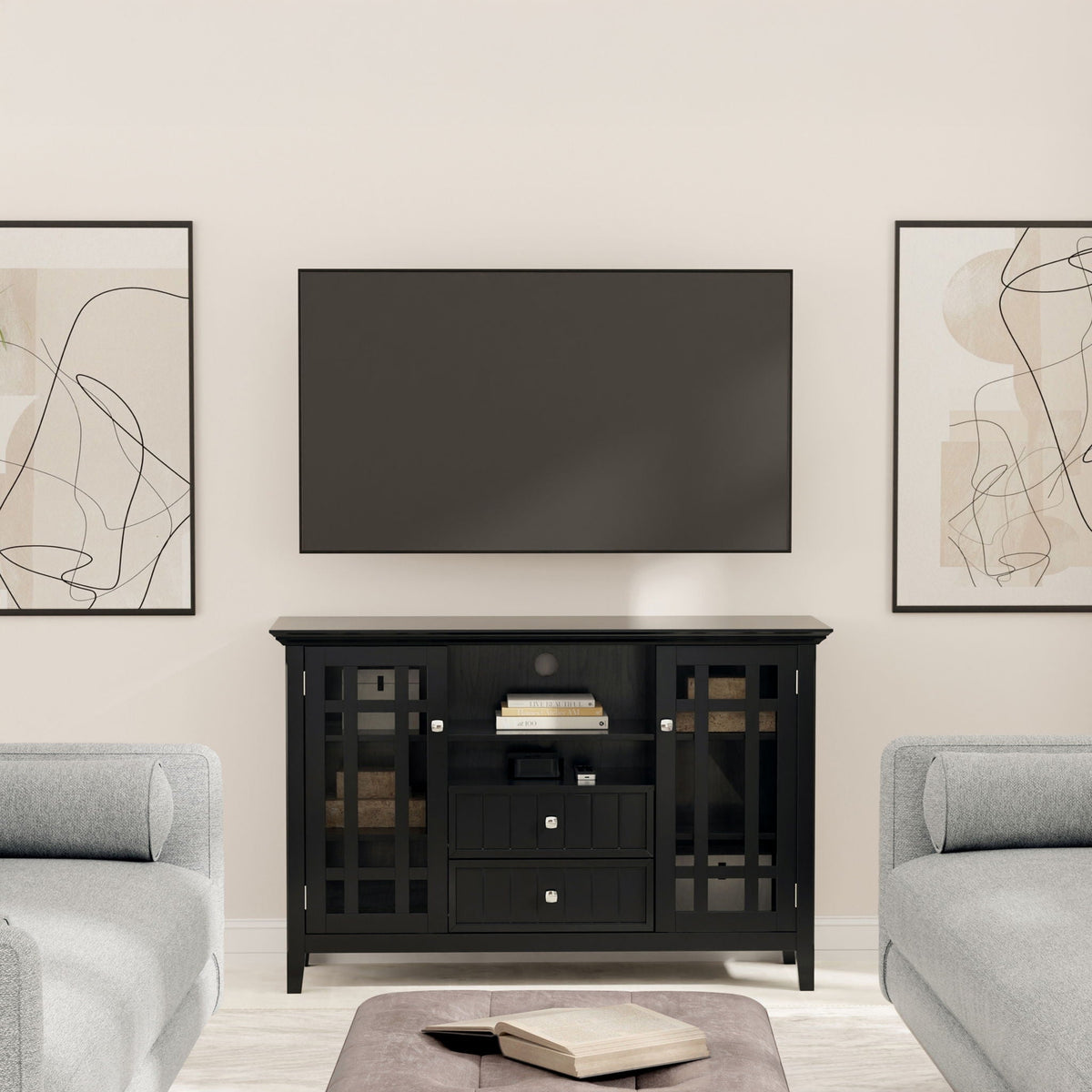Handcrafted tall TV media stand in black solid wood with grid panel doors on Tampa Home & Garden Store