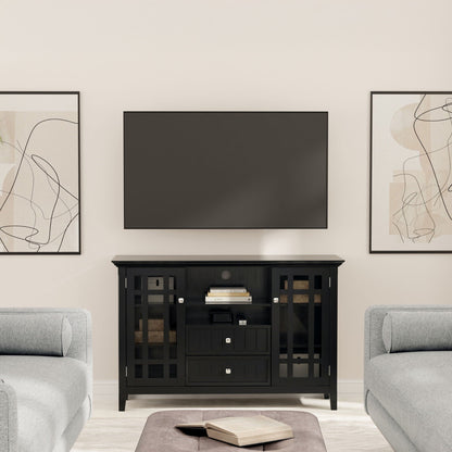 Handcrafted tall TV media stand in black solid wood with grid panel doors on Tampa Home & Garden Store