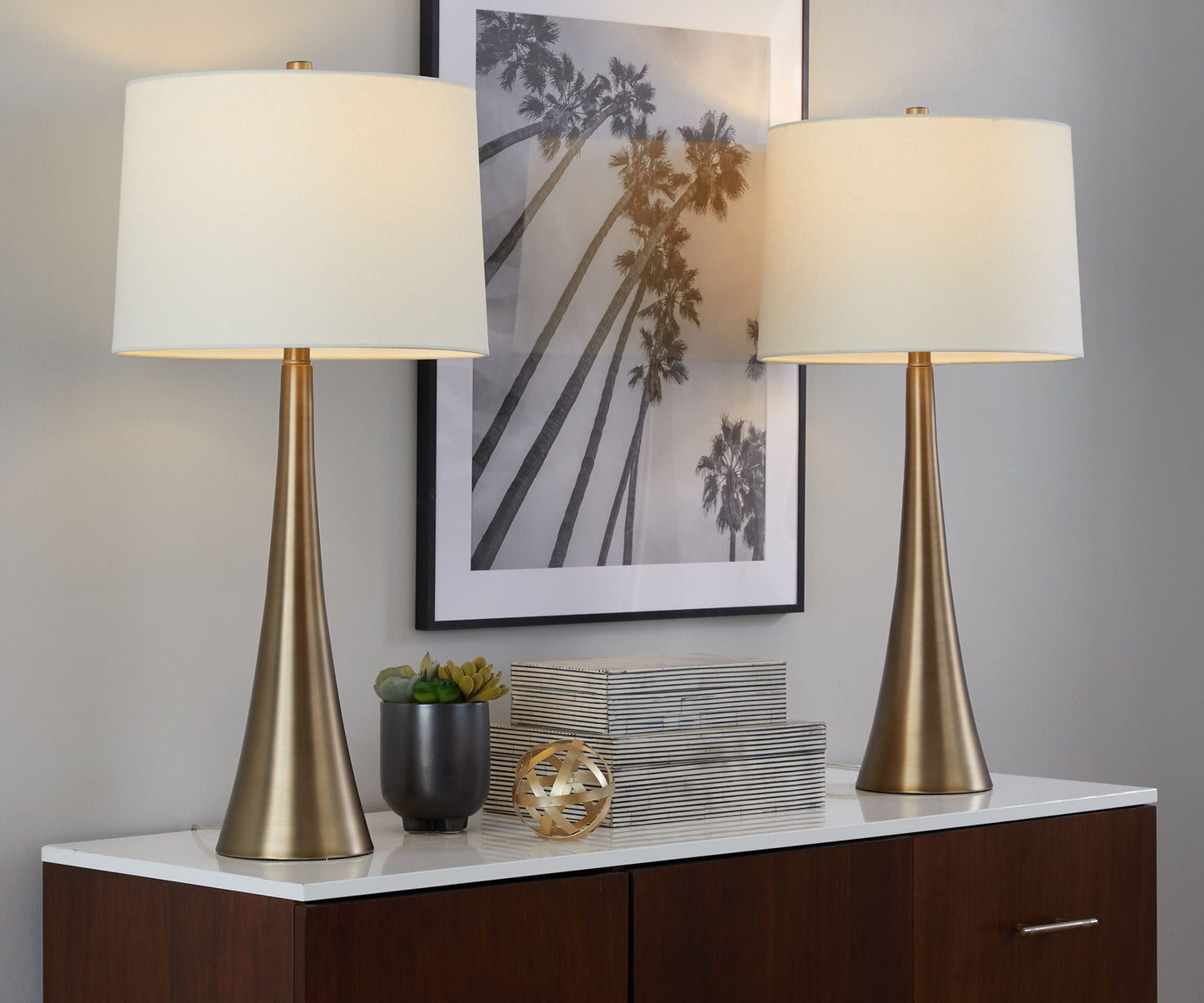 Diana Contemporary Table Lamps set of 2 with brass bases and white shades on Tampa Home & Garden Store
