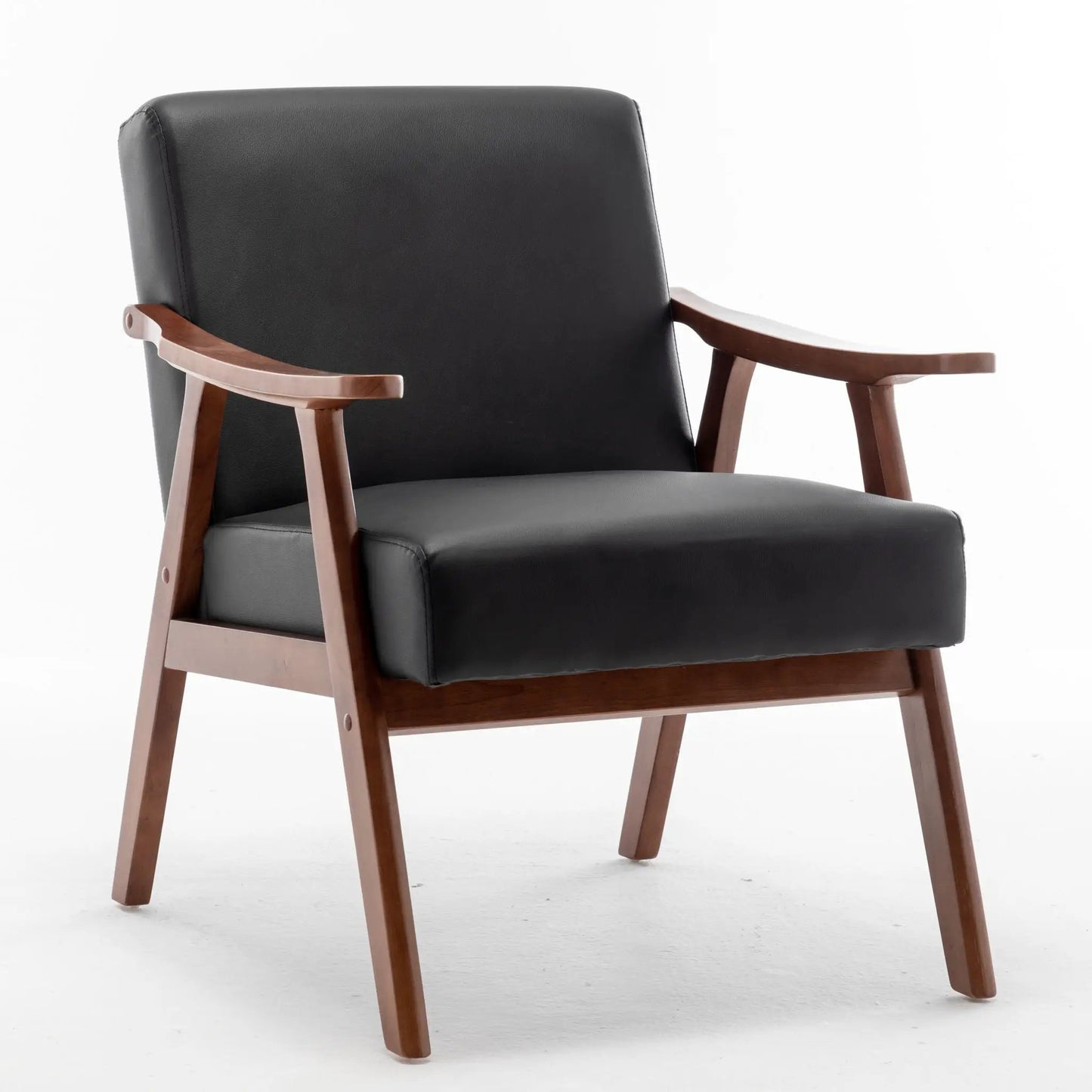 Mid Century Modern Accent Arm Chair with solid wood frame and black leather upholstery on Tampa Home & Garden Store