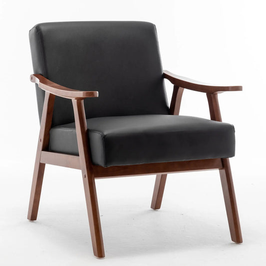 Mid Century Modern Accent Arm Chair with solid wood frame and black leather upholstery on Tampa Home & Garden Store