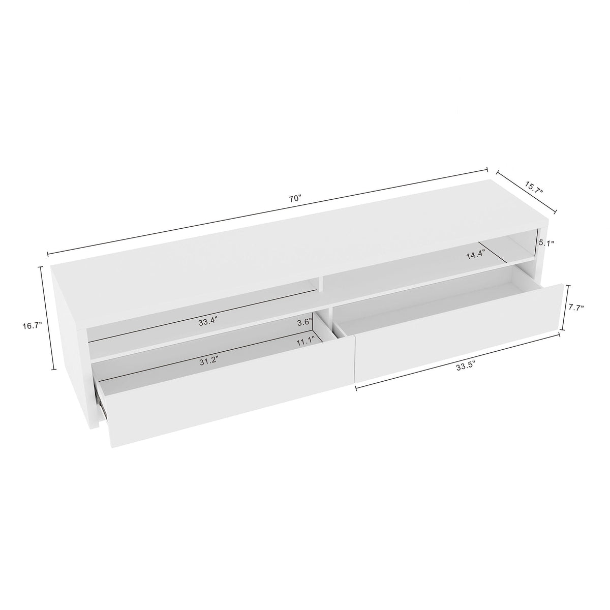 HouseOfZazla Modern 70in TV Stand with full-extension drawers in white finish on Tampa Home & Garden Store