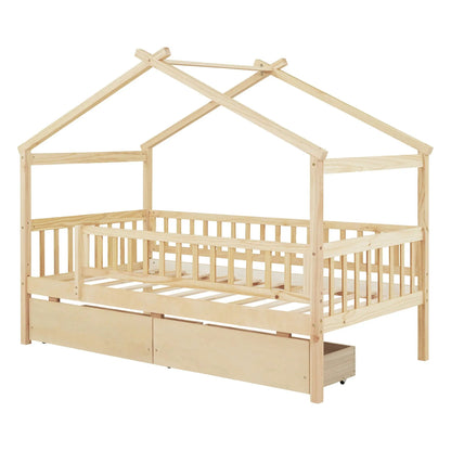 House bed frame in natural pine with two drawers under and slatted sides on Tampa Home & Garden Store