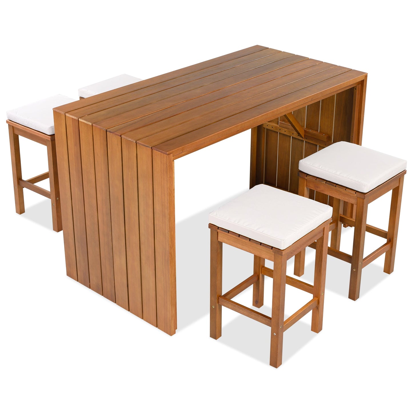 5 Piece Outdoor Bar Set wooden slatted table with white cushioned stools on Tampa Home & Garden Store