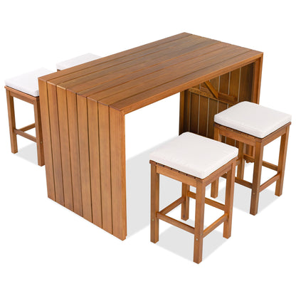 5 Piece Outdoor Bar Set wooden slatted table with white cushioned stools on Tampa Home & Garden Store