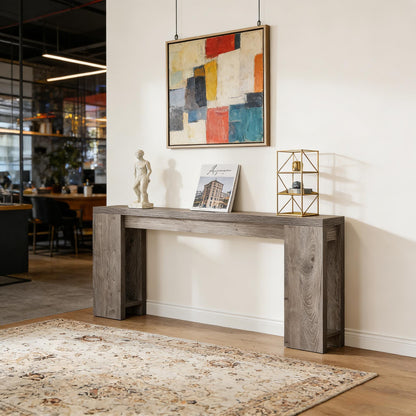 Wood entryway console table by HouseOfZazla in weathered gray wood with thick block legs on Tampa Home & Garden Store