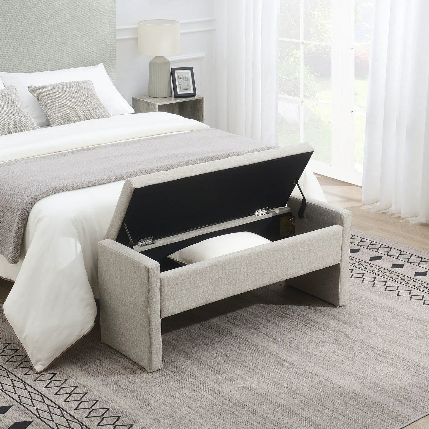 Modern upholstered bed end storage bench in light gray with lift lid Unique Piece Furniture on Tampa Home & Garden Store