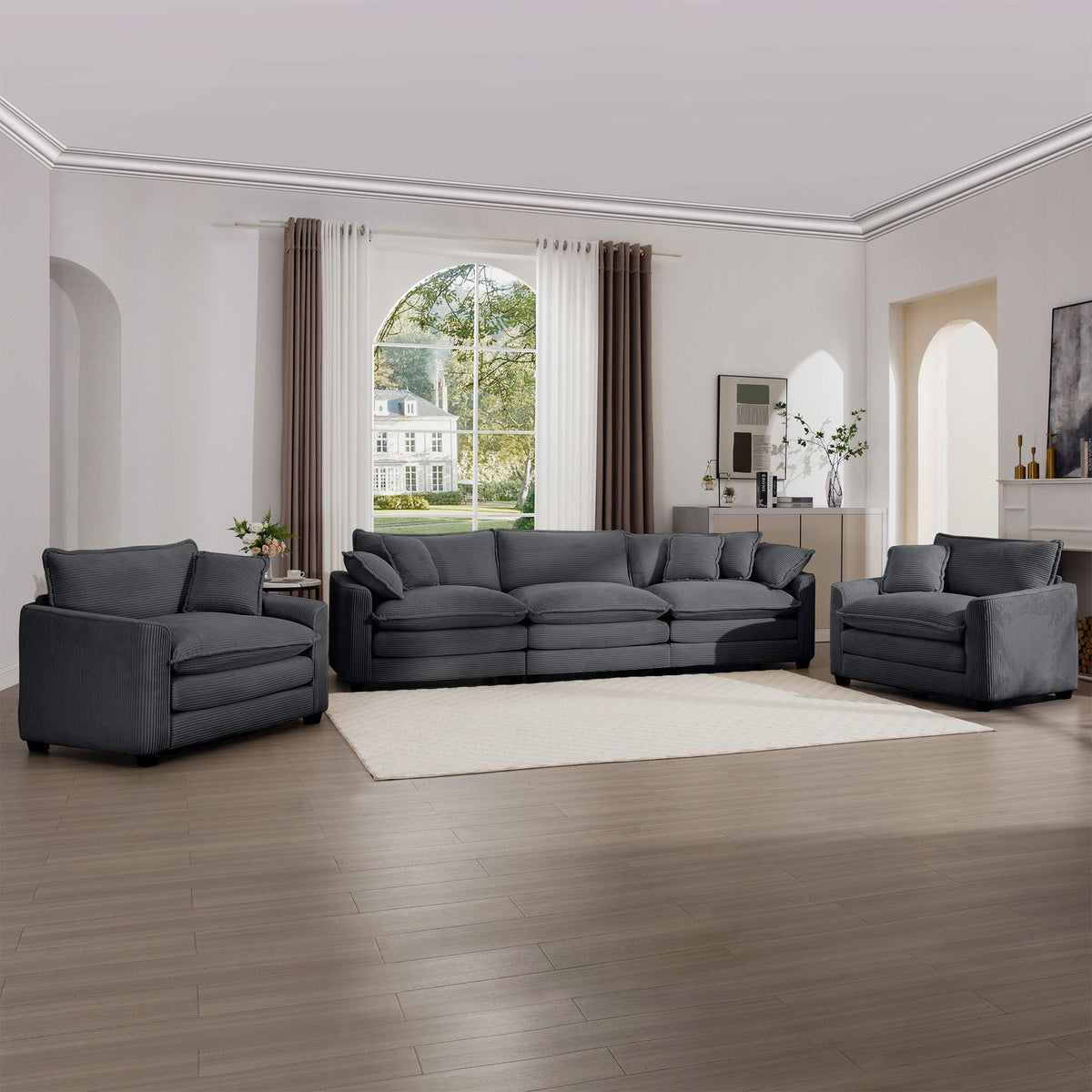 Elegant Oversized Sectional Sofa Set by HouseOfZazla, gray fabric, deep seats, 3-piece on Tampa Home & Garden Store