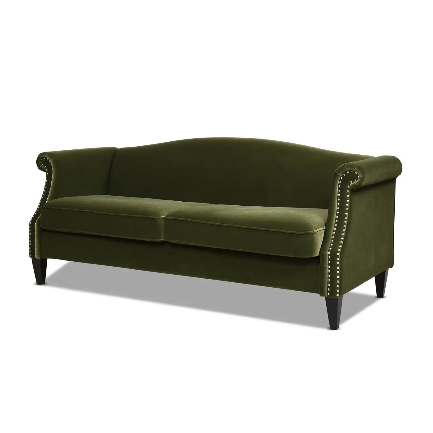 Elaine camel-back small-space sofa in olive green velvet with rolled arms and nailhead trim on Tampa Home & Garden Store