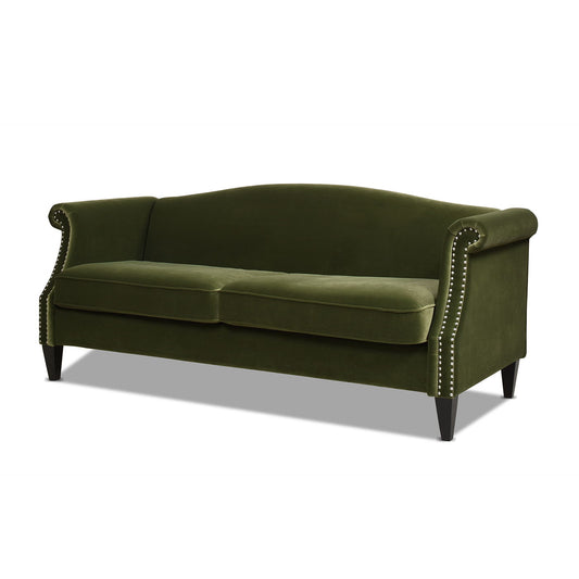 Elaine camel-back small-space sofa in olive green velvet with rolled arms and nailhead trim on Tampa Home & Garden Store