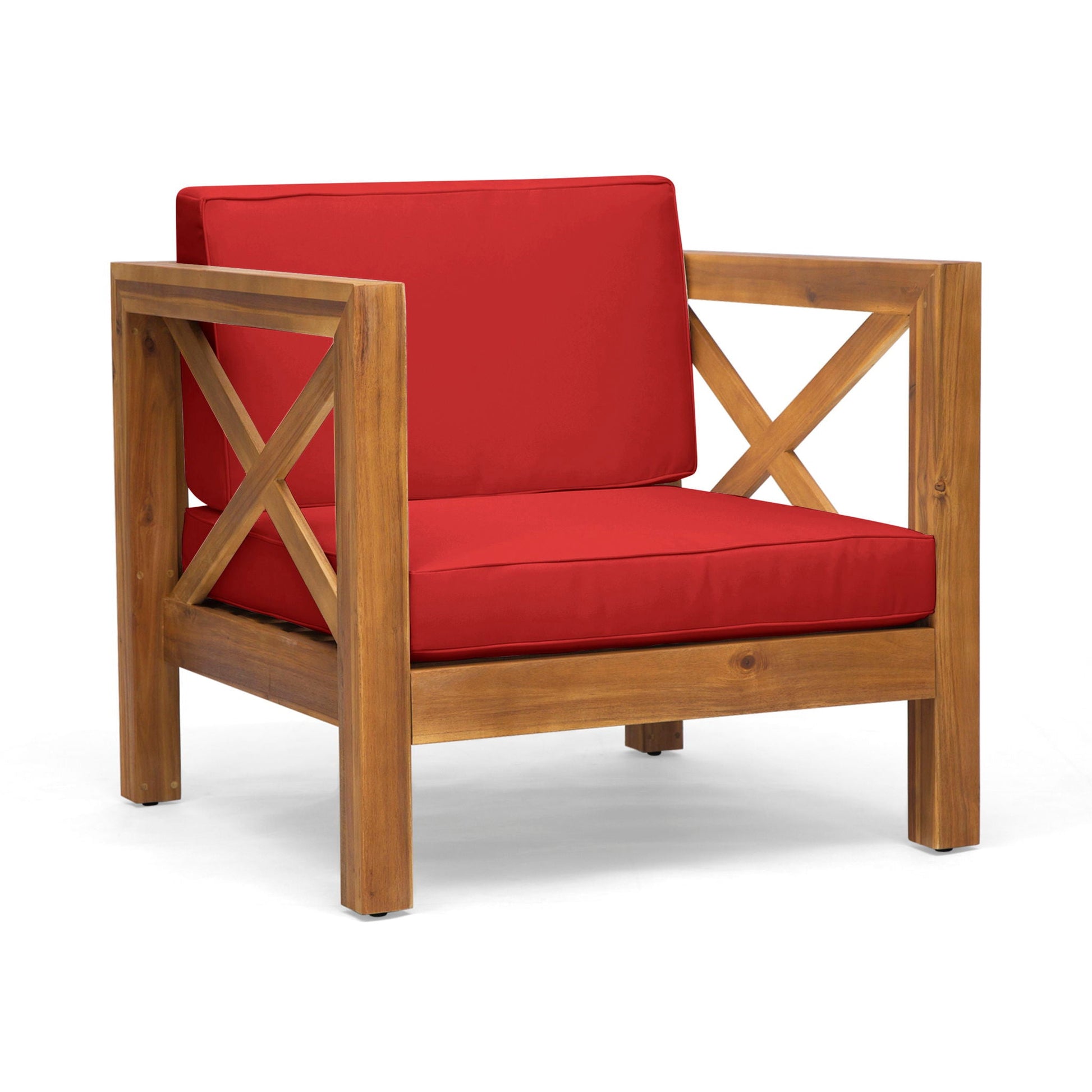 Brava Mid-Century Modern Club Chair, wooden frame, red water-resistant cushions, HouseOfZazla on Tampa Home & Garden Store