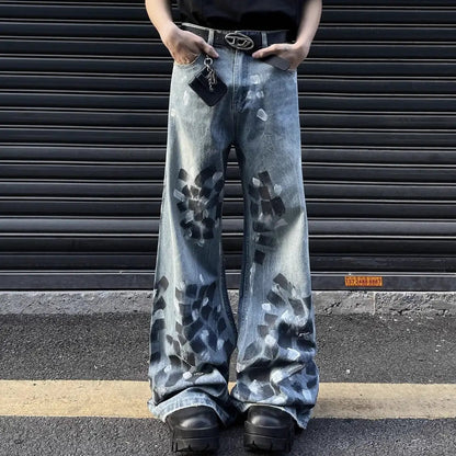 FLIPSTYLEZLLC men's slightly flared wide-leg jeans, light denim with brushstroke patches on Tampa Home & Garden Store
