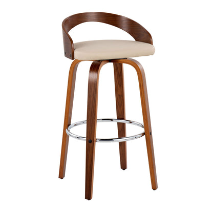 Contemporary swivel barstool with wood back and round chrome footrest, pearl silver cushion on Tampa Home & Garden Store