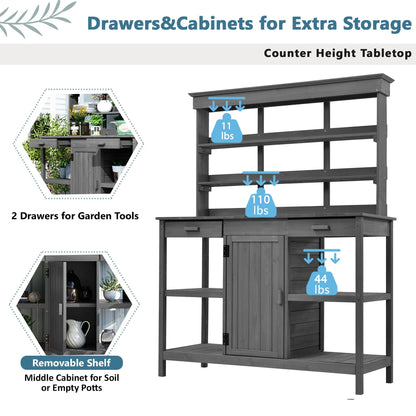 Topmax 66'' outdoor farmhouse wooden potting bench gray stained with removable shelf and cabinet on Tampa Home & Garden Store
